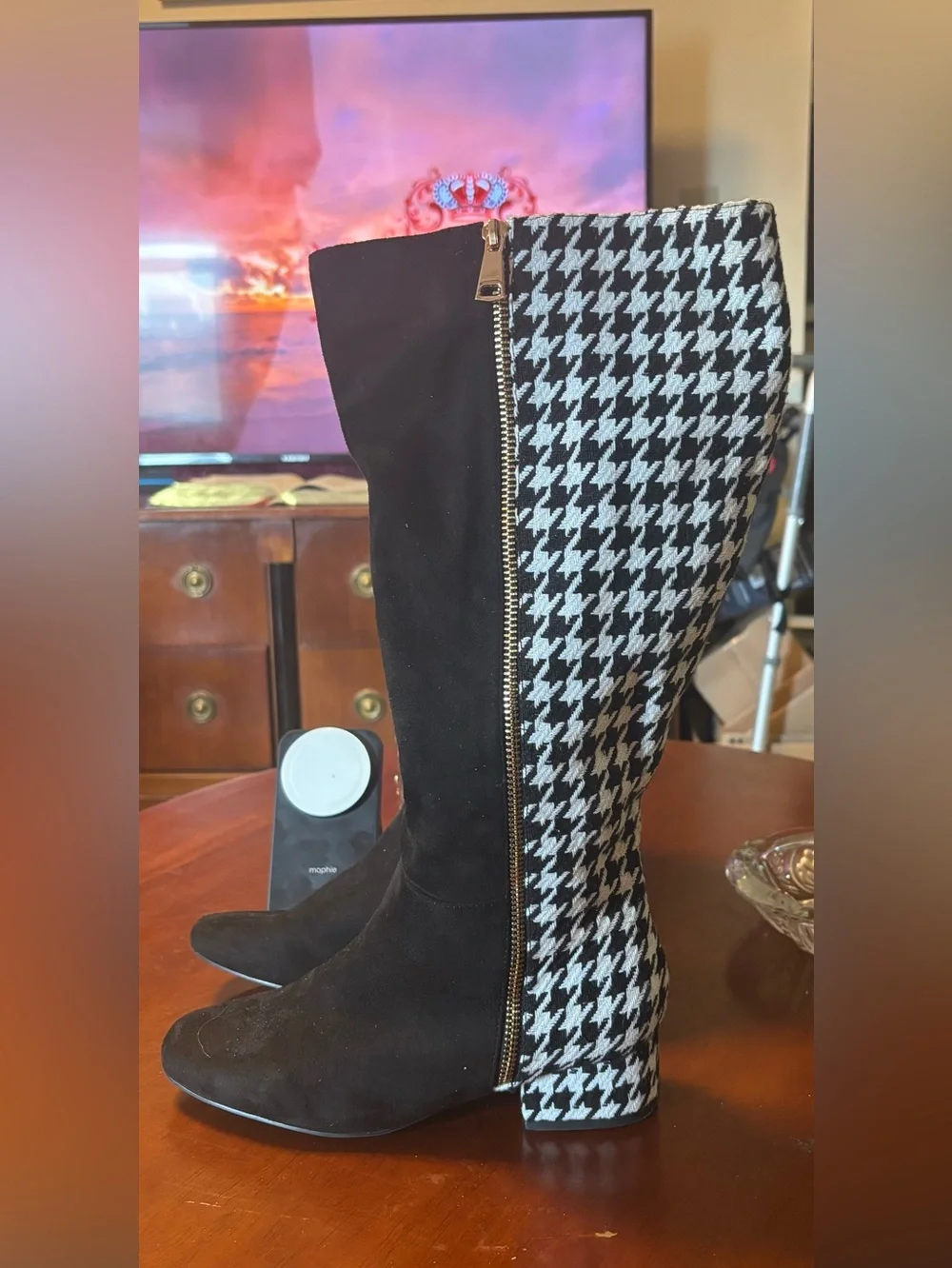Black Over-the-Knee Boots with Houndstooth Side Panel